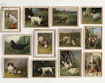 Vintage honden Gallery Wall Set van 12, honden print, vintage antieke hond schilderij, kunst aan de muur hond, decor van de boerderij, rustieke dierlijke kunst 03