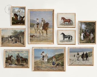 Set of 9 Vintage Horse, Horse Prints, Vintage Horse Painting, Equestrian Wall Art, Horse Decor, Rustic Decor,Horse Ride along the Beach