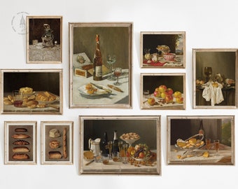 May include: A collection of framed still life paintings depicting various food and drink items, including bread, wine, fruit, and pastries. The paintings are arranged in a grid pattern on a white wall.