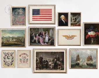 Vintage 4. Juli Galerie Wanddruck Set von 12, amerikanisches Dekor, Vaterländische Wandkunst, Unabhängigkeitstag Kunst, 4. Juli druckbar USA3