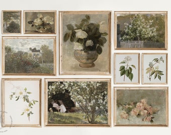 May include: A collection of nine framed botanical prints featuring various types of flowers and plants, including roses, lilies, and other flowering branches. The prints are all in a similar style, with a muted color palette and a vintage aesthetic.