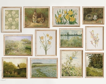Vintage Frühlings-Galeriewand 12er-Set, rustikale druckbare Wandkunst, Vintage-Ostern-Drucke, Vintage gedämpfter grüner neutraler Ton, Osterplakat
