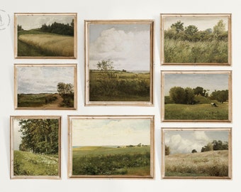 Vintage Country Landscape Gallery Wall Set of 8, Rustic Printable wall Art, Vintage Landscape fields, Vintage Summer Landscape Prints