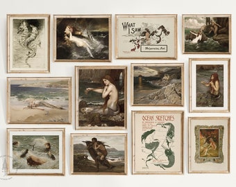 Vintage Mermaid Gallery Wall Print Set of 12, Vintage Nautical Coastal Home Decor, Coastal Prints, Nautical Prints, Mythology Prints