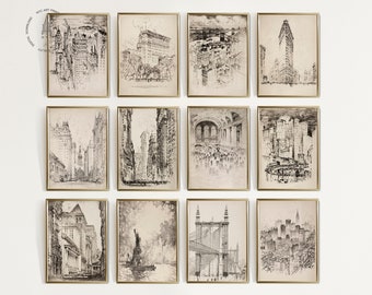 Vintage New York Gallery Wall Print Set von 12, NYC Antike Skizzen, New York City Drucke, Vintage NYC Zeichnungen, Stadtbild Print Set
