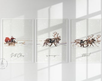 May include: Three watercolor illustrations of Santa Claus and his reindeer. The first image shows Santa Claus riding in a sleigh pulled by reindeer. The second image shows a reindeer pulling a sleigh. The third image shows a group of reindeer pulling a sleigh. The text "Santa Claus is coming to town!" is written below the images.