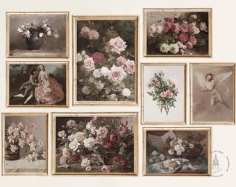 Puede incluir: Una colección de nueve pinturas vintage enmarcadas que representan arreglos florales, una pareja romántica y un ángel alado. Las pinturas están todas en marcos dorados ornamentados y tienen una estética suave y romántica.