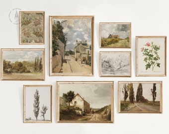 Vintage French Country Gallery Wall Set of 9, French Cottage Landscape, Vintage Landscape French Country, Vintage Landscape Prints