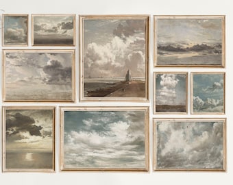 Vintage Cloudy Gallery Wall Print Set of 10, Nautical Coastal Decor, Sky Painting, Neutral Blue Tone Printable, Cloud Prints, Neutral Prints