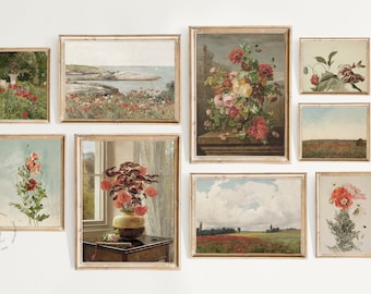 Conjunto de 9 lienzos de galería vintage de primavera y verano, impresiones de amapolas de California, pinturas de flores vintage, impresiones de campos de flores vintage, arte de amapolas