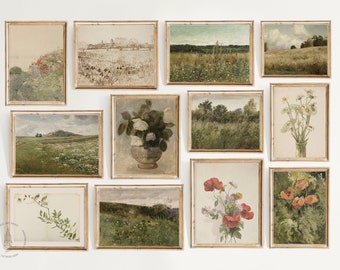 Vintage lente zomer galerij muur set van 12, vintage lente prints, lente weide schilderij, vintage landschap, Franse land kunst aan de muur