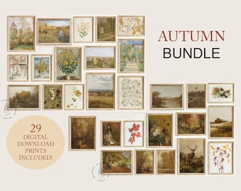 Pode incluir: Uma coleção de 29 impressões de arte digitais imprimíveis com cenas de outono, incluindo paisagens, flores e vida selvagem. As impressões são exibidas em uma grade em um fundo branco com o texto "AUTUMN BUNDLE" e "29 DIGITAL DOWNLOAD PRINTS INCLUDED!"