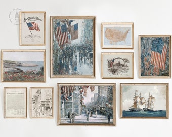 Vintage 4. Juli Galerie Wanddruck Drucksatz von 10, Amerikanische Flagge Flaggen Poster, Unabhängigkeitstag Kunst, Mohnblumen Druck, 4. Juli druckbar USA1