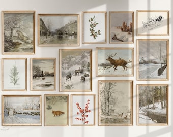 Conjunto de parede da galeria de impressões de Natal com 15, arte de parede para impressão de Natal vintage, decoração de férias, pôster de Natal, fazenda para impressão
