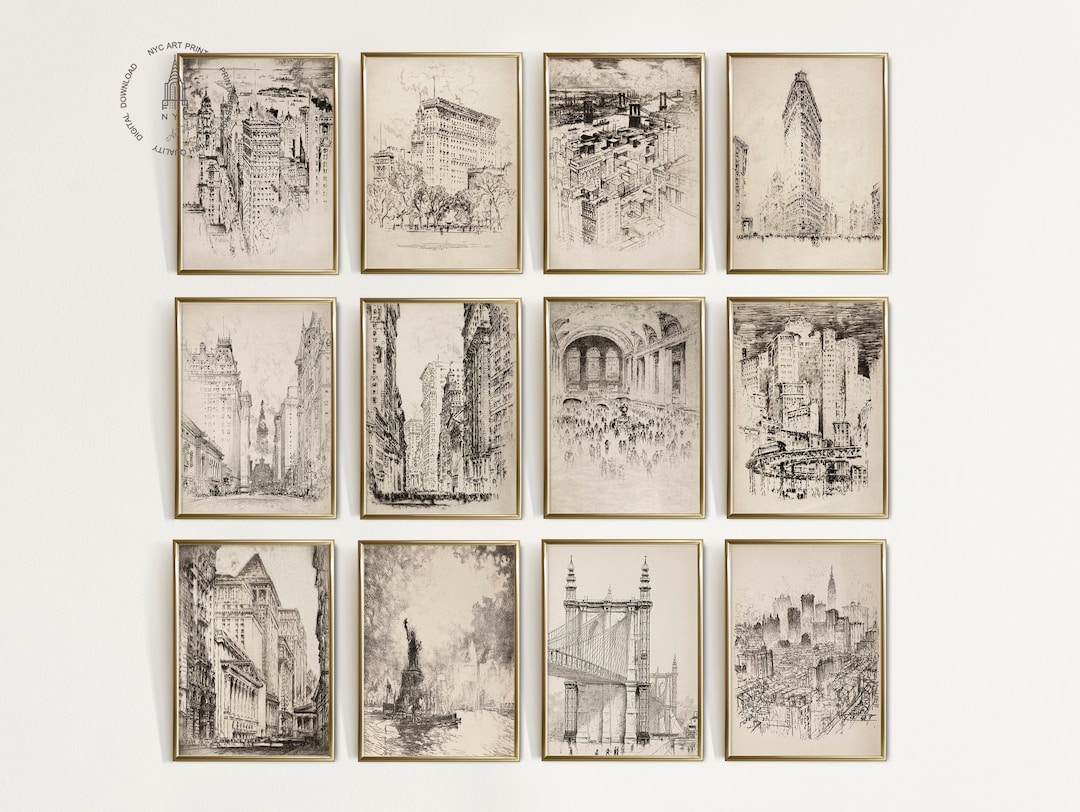 Vintage New York Gallery Wall Print Set of 12, NYC Antique Sketches, New York City Prints ...