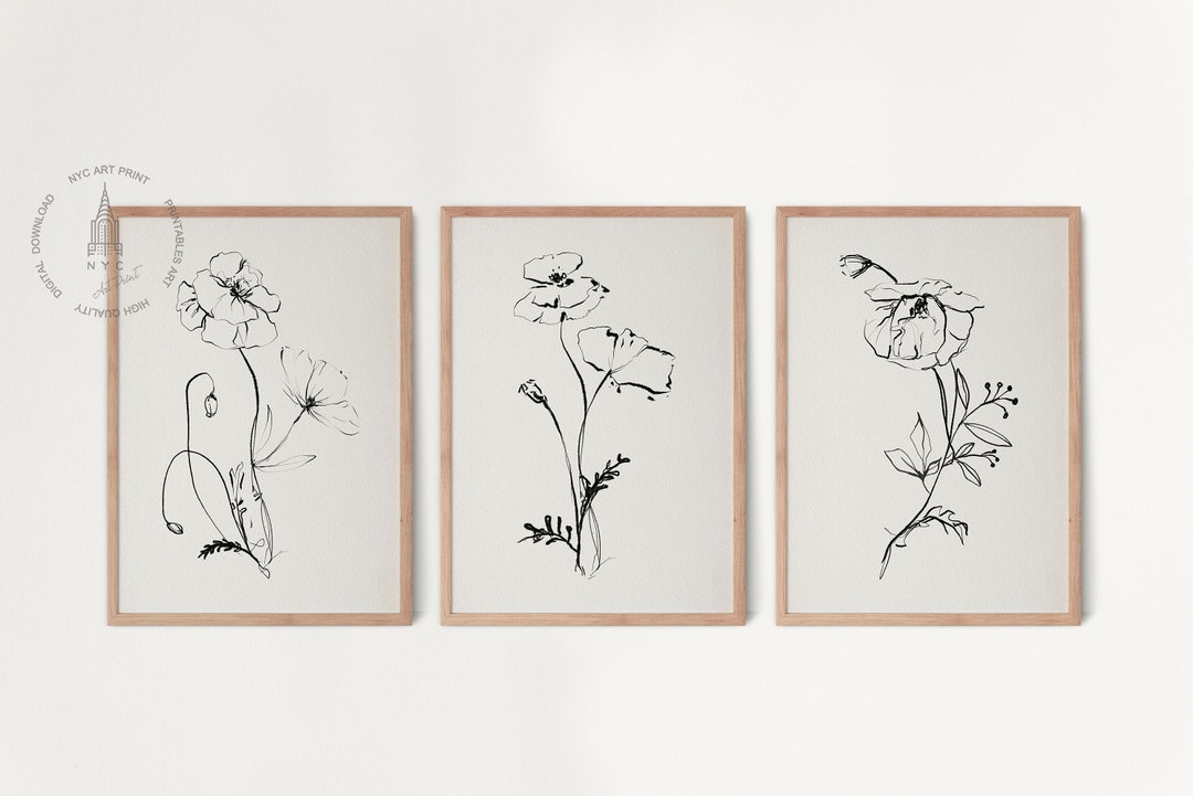 Set of 3 Neutral Wall Art, Flower Line Art Prints, Botanical Prints ...