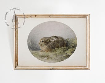 Vintage konijn print, antiek konijn schilderij, paasprint, print konijn, print konijn, afdrukbare muurkunst konijn, paasdecor, schilderij bruine haas