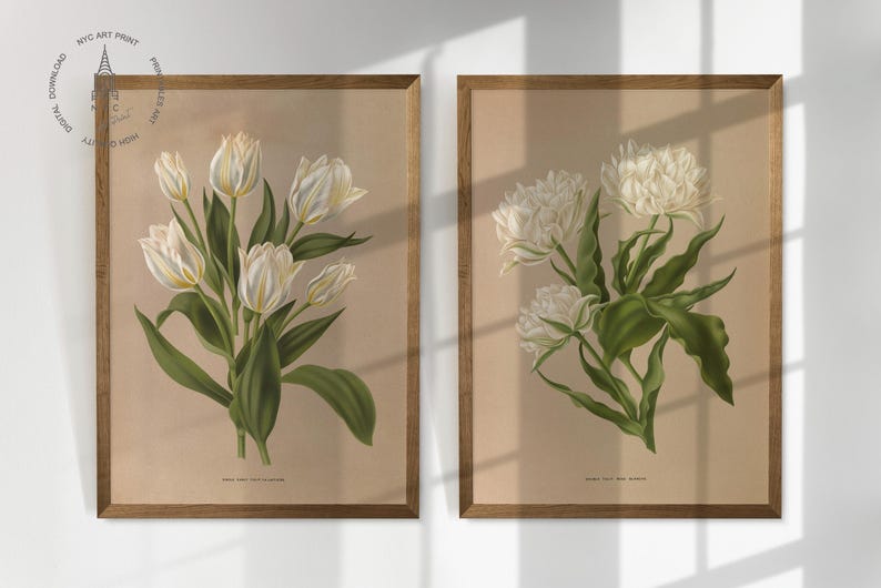 Puede incluir: Dos estampados bot&aacute;nicos enmarcados que presentan flores blancas con hojas verdes sobre un fondo beige. Las estampas est&aacute;n en marcos de madera con un acabado marr&oacute;n claro.