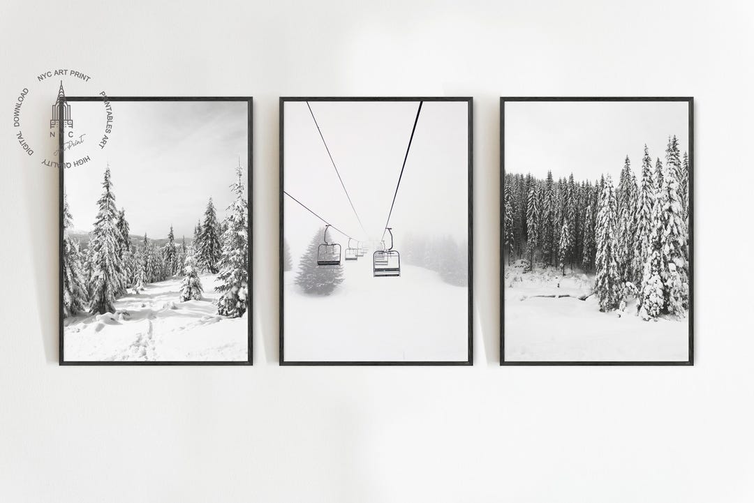 Set of 3 Winter Prints, Christmas Prints, Ski Print, Snowy Trees, Snowy ...