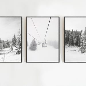 Winter Prints Black and White Print Set of 3 Wall Art Scandinavian Decor Nordic Poster Snow Forest Print Ski Lift Art Chalet Decor Ski Print