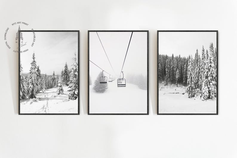 Winter Prints Black and White Print Set of 3 Wall Art Scandinavian Decor Nordic Poster Snow Forest Print Ski Lift Art Chalet Decor Ski Print