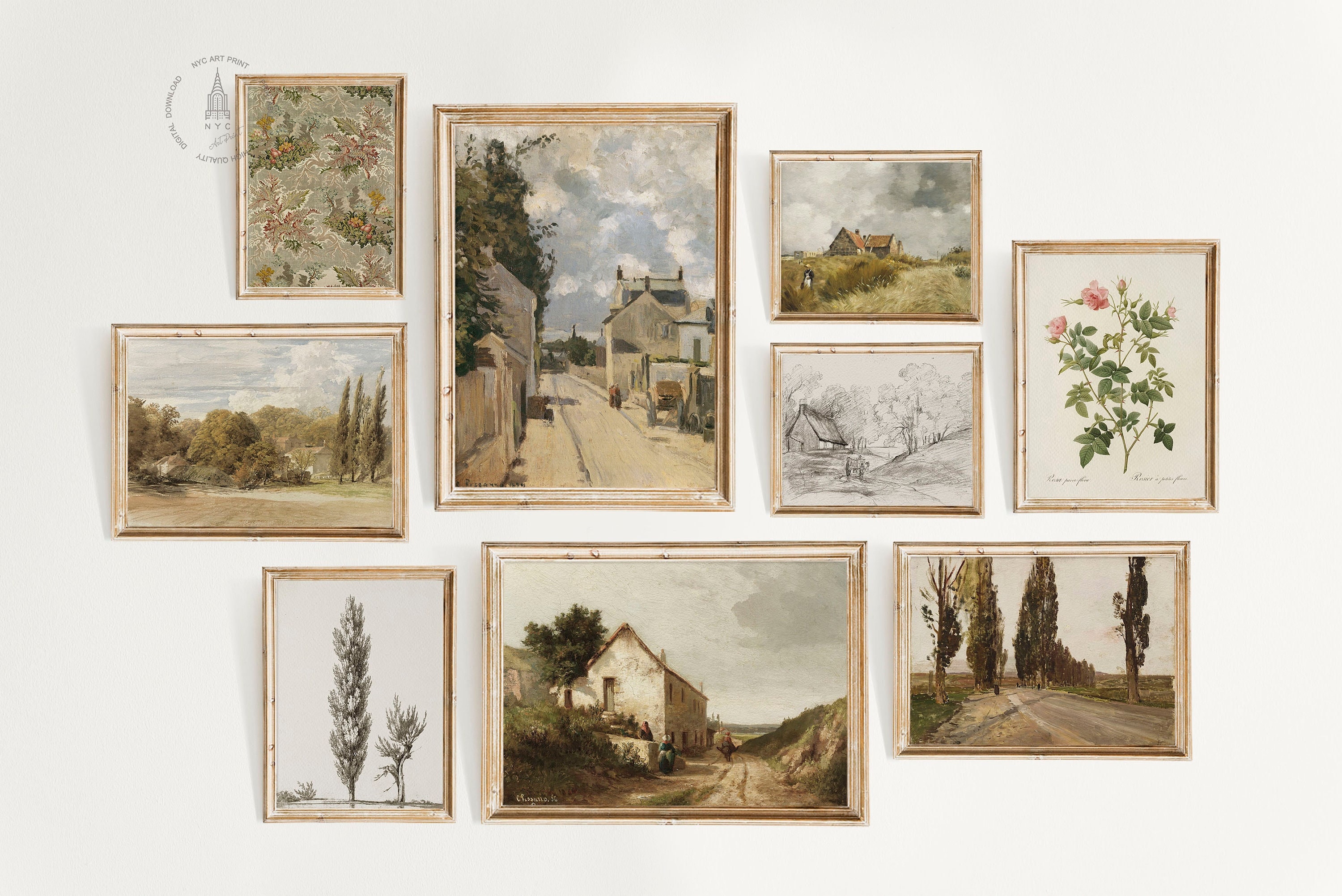 Vintage Franse landelijke galerijwandset van 9, Frans huisje, landschap, vintage landschap, Frans land, vintage landschapsafdrukken