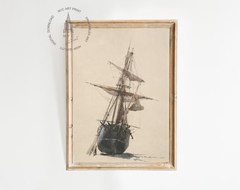 Stampa di barca da pesca d'epoca, arredamento nautico per la casa, stampa di paesaggio marino, stampa di nave nautica in tonalità tenue, acquerello di peschereccio spiaggiato