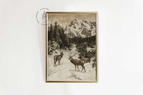 Christmas Prints, Vintage Christmas Printable wall Art, Winter Deer Print, Country Christmas Vintage Painting, Farmhouse Printable CH06