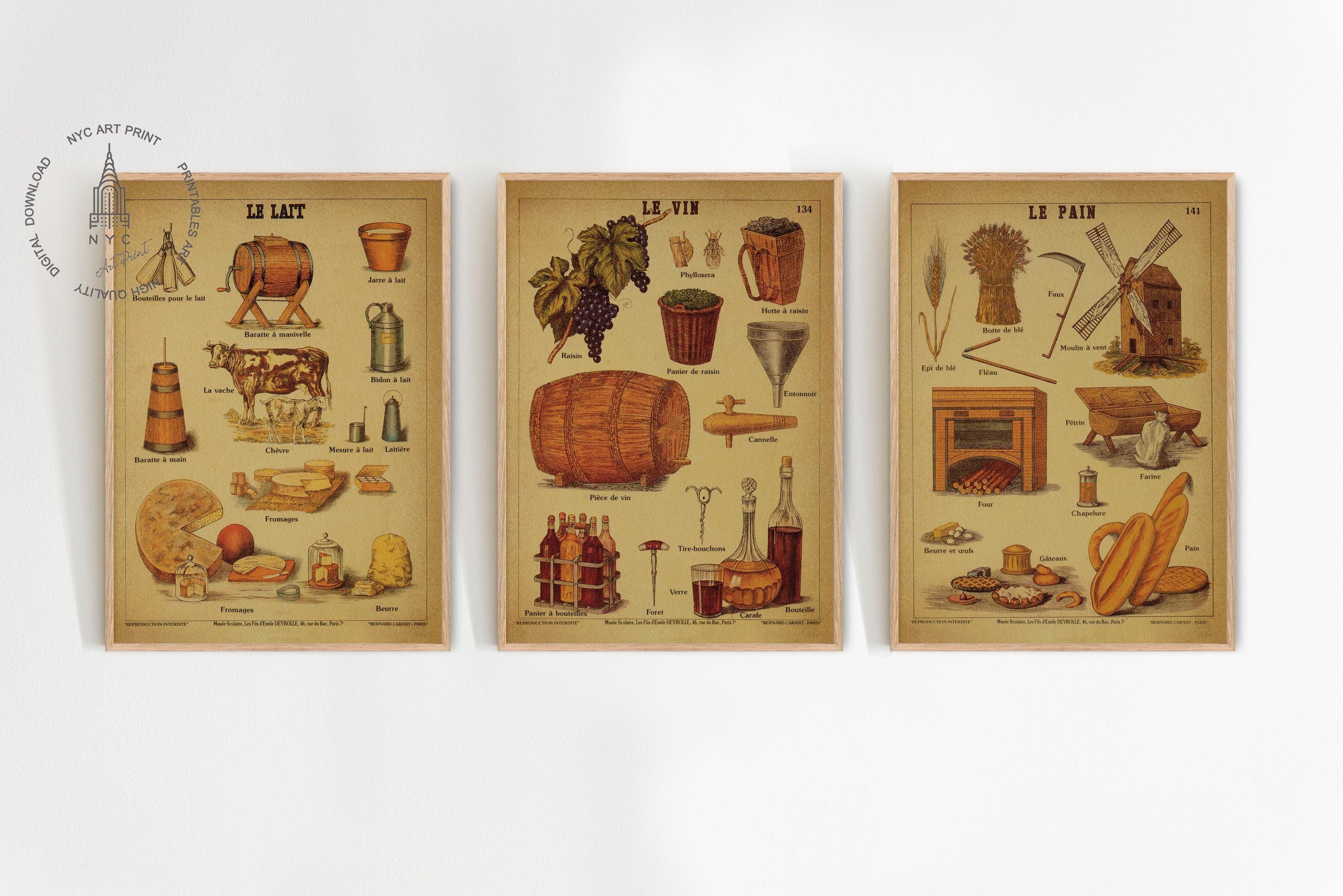 Set of 3 Vintage Kitchen French Poster, Cheese Print, Food Prints