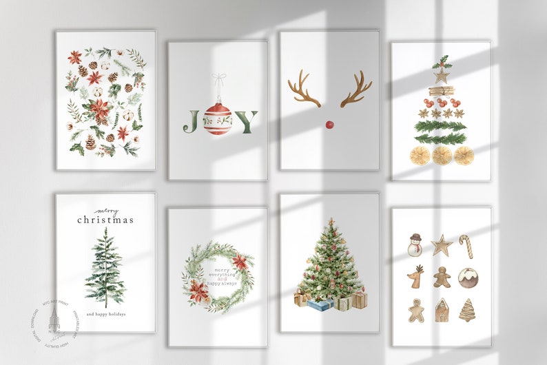 May include: Set of eight watercolor Christmas prints featuring a variety of holiday themes, including a Christmas tree, a wreath, a reindeer, and the word "JOY" with a red and white ornament.