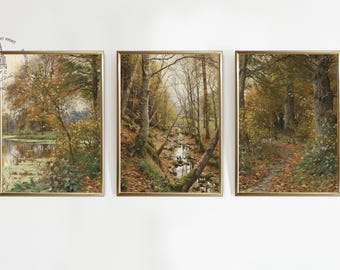 Set of 3 Vintage Autumn Prints, Fall Printable Wall Art, Fall Decor, Autumn Landscape Painting, Fall Foliage, Forest by Autumn Painting