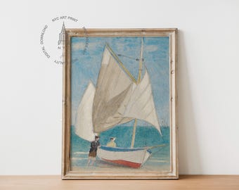 Stampa artistica di paesaggio marino con barca da pesca d'epoca (download digitale)
