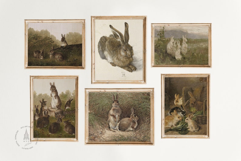 May include: Six framed vintage illustrations of rabbits in various poses. The illustrations are in a rustic style with brown and white tones. The frames are a light wood color.