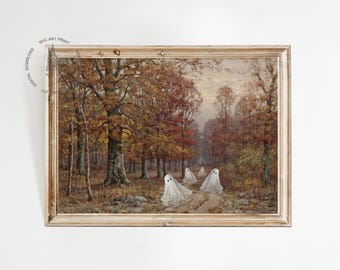 May include: A vintage painting of a forest scene with three white ghosts walking through the trees. The trees are in autumn colors of red, orange, and yellow.