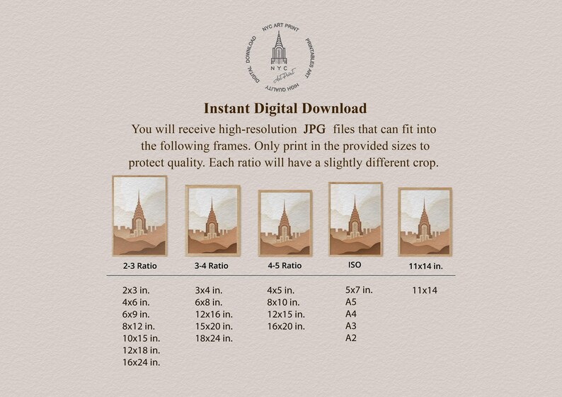 May include: A digital download graphic featuring a cityscape with a tall building in the center. The graphic is available in five different aspect ratios: 2:3, 3:4, 4:5, ISO, and 11x14. The graphic is available in a variety of sizes, including 2x3 inches, 4x6 inches, 6x9 inches, 8x12 inches, 10x15 inches, 12x18 inches, and 16x24 inches.