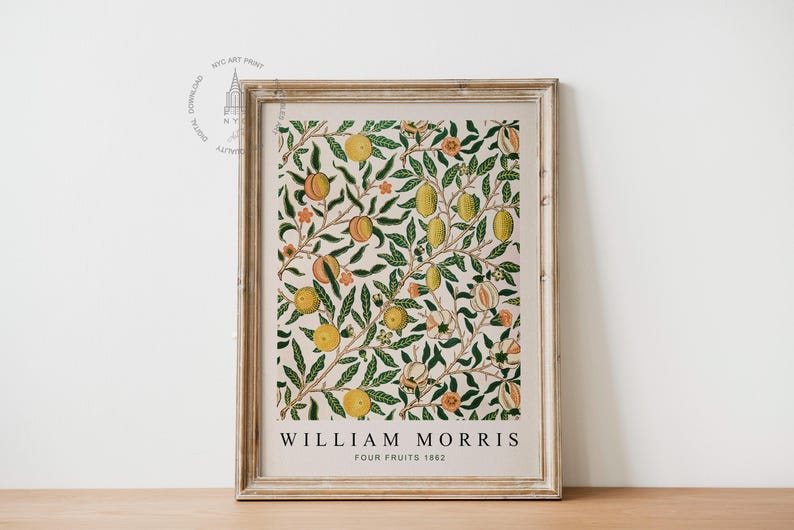 May include: A framed print of a vintage botanical illustration featuring a repeating pattern of green leaves, orange and yellow fruits, and pink flowers. The print is titled "William Morris Four Fruits 1862".