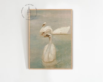 May include: A vintage painting of three white swans swimming in a misty lake. The swans are depicted in a soft, muted palette of blues and greens, creating a serene and tranquil atmosphere.