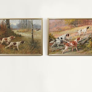 Set of 2 Vintage Dogs Print, Antique Dog Painting, Dog Wall Art, Farmhouse Decor, Rustic Animal Art, Pointer Dog Painting, Bird Hunting Dog