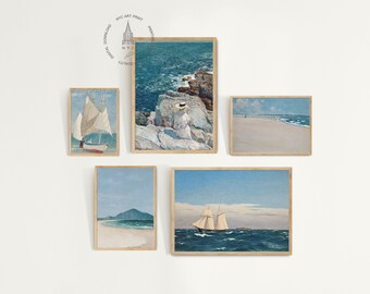 Set di 5 dipinti di paesaggi marini, decorazioni per la casa nautiche, stampe costiere, stampe di paesaggi marini, poster da spiaggia, dipinti di barche da pesca, download digitale 01