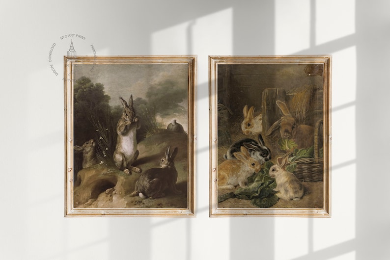 May include: Two framed vintage paintings of rabbits. The first painting shows a group of rabbits in a forest setting. The second painting shows a group of rabbits in a barn setting.