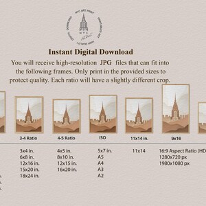 Op de afbeelding: Digitale kunstafdruk om direct te downloaden, met een minimalistische illustratie van een gebouw in bruine en beige tinten. Inclusief verschillende frameformaten, zoals 13x18 cm, 20x25 cm en 28x35 cm, en beeldverhoudingen.