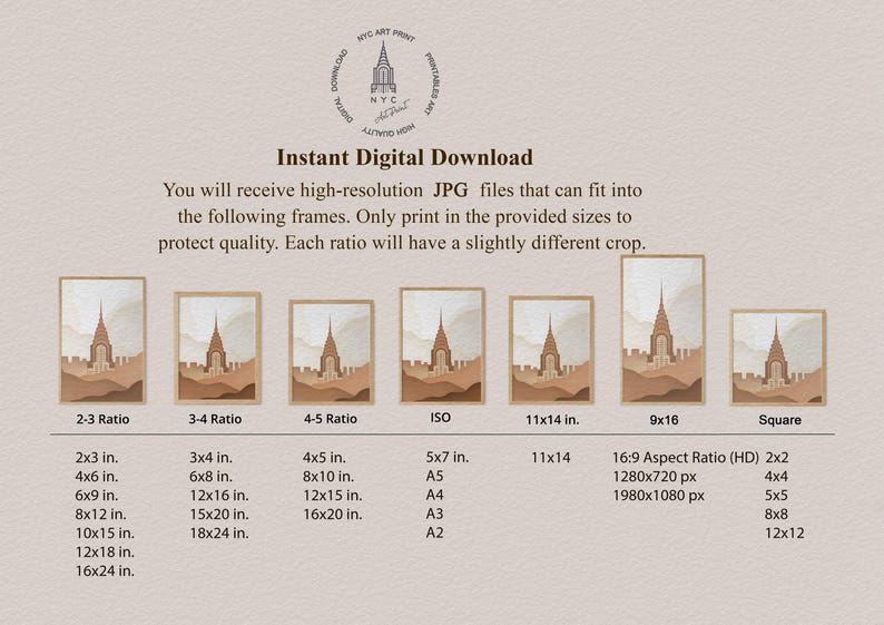 Op de afbeelding: Digitale kunstafdruk om direct te downloaden, met een minimalistische illustratie van een gebouw in bruine en beige tinten. Inclusief verschillende frameformaten, zoals 13x18 cm, 20x25 cm en 28x35 cm, en beeldverhoudingen.