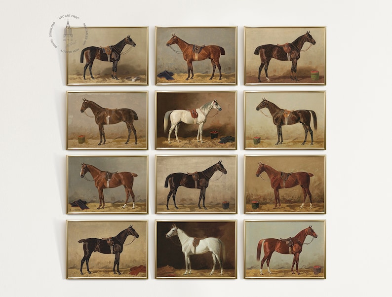 Puede incluir: Doce pinturas enmarcadas de caballos en varias poses, todos con sillas de montar y bridas. Las pinturas est&aacute;n colocadas contra una pared blanca.