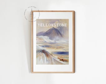 May include: A framed print featuring a vintage-style illustration of Yellowstone National Park. The artwork showcases a landscape with a mountain, geysers, and the text "YELLOWSTONE NATIONAL PARK" in a classic font. The frame is a light brown color.