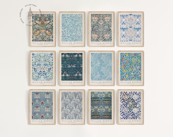 William Morris Prints Gallery Wall Set of 12, Vintage Exhibition Posters, William Morris Poster, Botanical Prints, Blue Floral Pattern, WM04