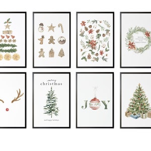 May include: Set of eight printable Christmas art prints featuring watercolor illustrations of a Christmas tree, reindeer, ornaments, and wreaths. The prints are perfect for adding a festive touch to your home decor.