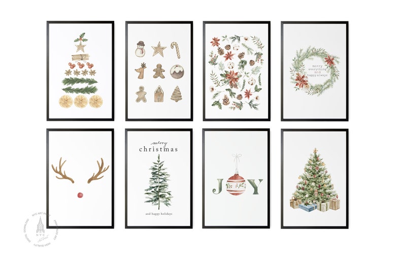 May include: Set of eight printable Christmas art prints featuring watercolor illustrations of a Christmas tree, reindeer, ornaments, and wreaths. The prints are perfect for adding a festive touch to your home decor.