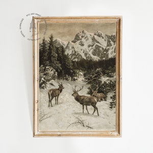 May include: A vintage print depicting a snowy mountain landscape with three deer in the foreground. The deer are brown and have antlers. The mountains are snow-capped and the trees are bare.