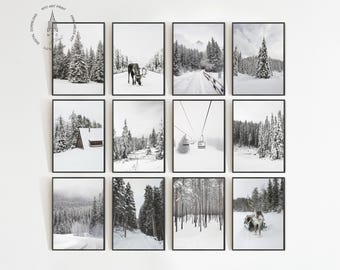 Set van 12 winterprints, kerstprints, skiprint, besneeuwde bomen, besneeuwd bosprint, winterposter, winterfotografie, winterdecor