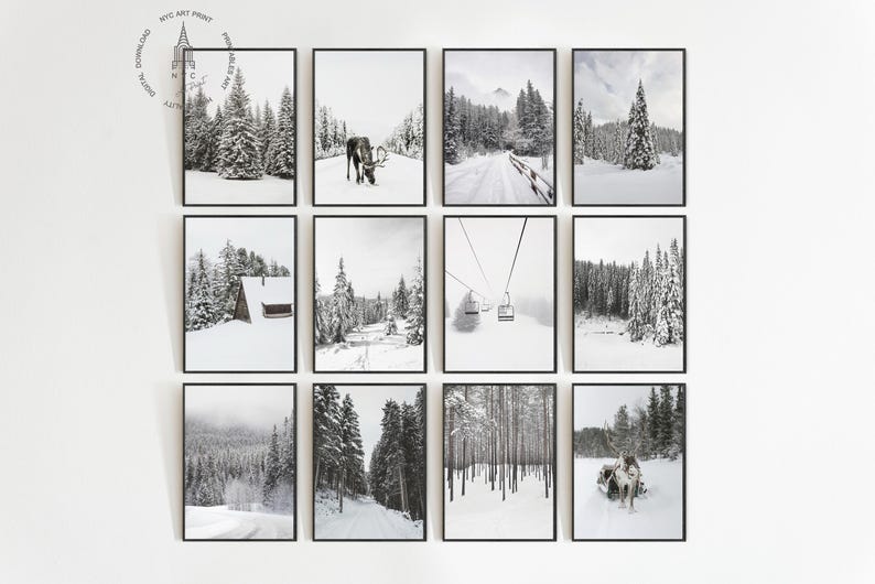 May include: A collection of twelve framed black and white winter landscape prints. The images depict snowy forests, mountains, and a cabin. Some prints show a deer, ski lift, and a snow-covered road.